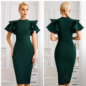 Toni Green Midi Bandage Dress Ruffles Short Sleeve Evening Party Dress